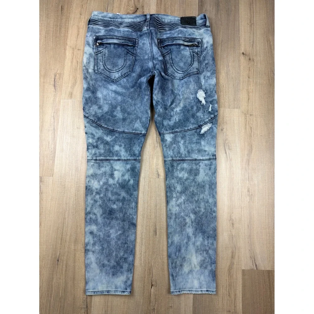 True Religion Rocco Relaxed Skinny Moto Jeans Acid Wash Blue Distressed Mens 38